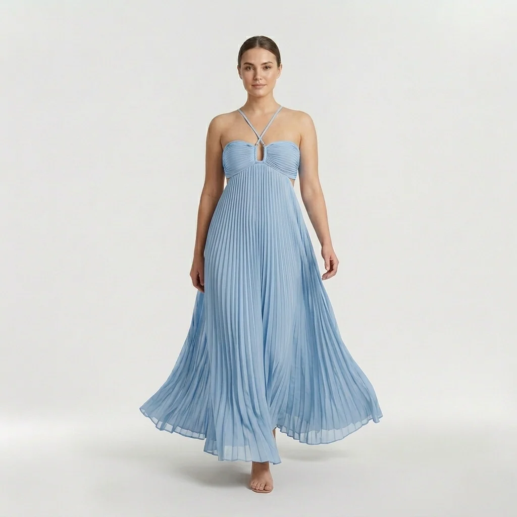 Abito maxi plissettato con scollo halter e schiena scoperta da donna - Image 2