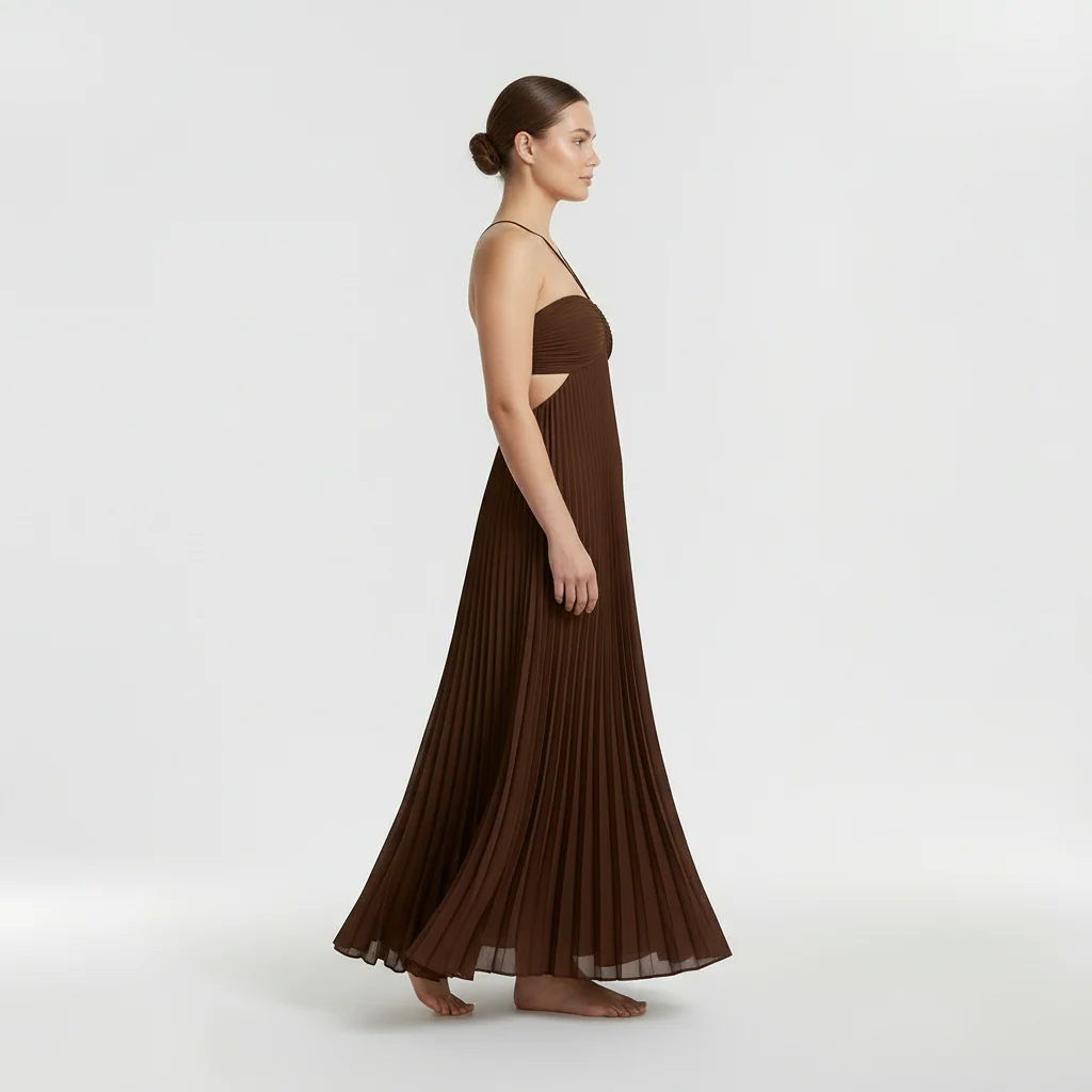 Abito maxi plissettato con scollo halter e schiena scoperta da donna - Image 4
