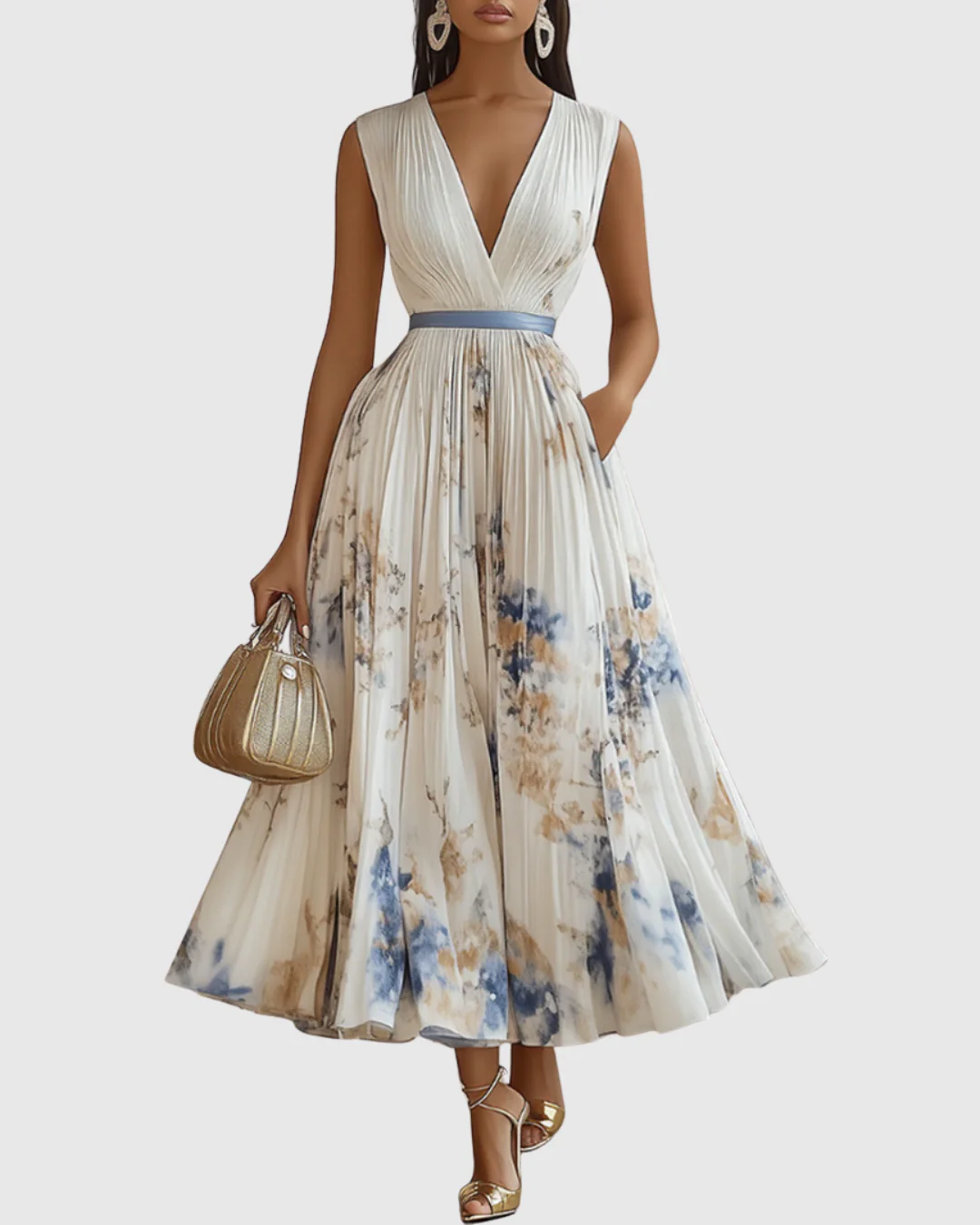 Abito Maxi Plissettato da Donna con Maniche Lunghe – Scollo a V Floreale a Linea A