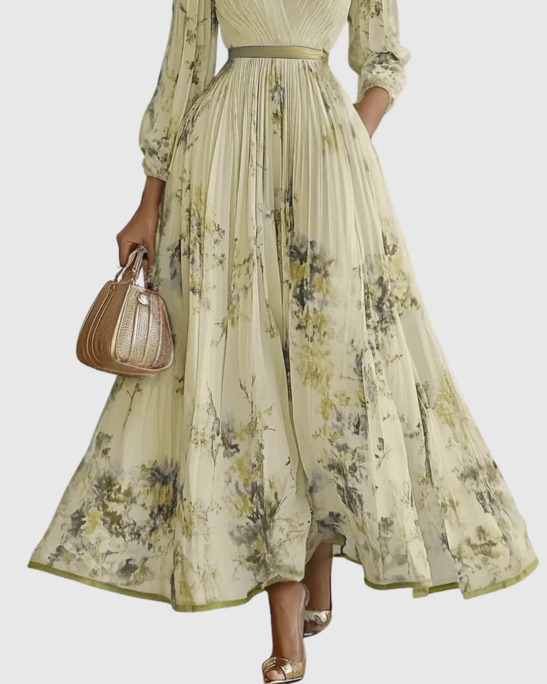 Abito Maxi Plissettato da Donna con Maniche Lunghe – Scollo a V Floreale a Linea A - Image 10