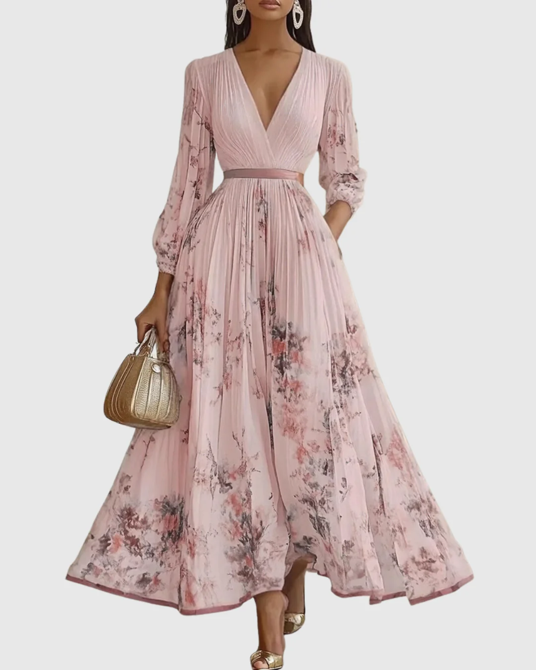 Abito Maxi Plissettato da Donna con Maniche Lunghe – Scollo a V Floreale a Linea A - Image 11