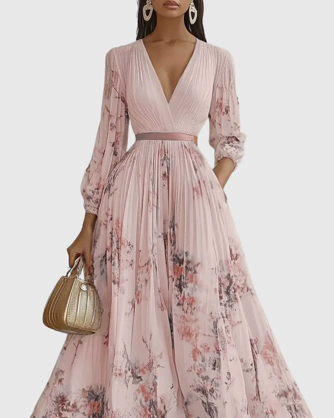 Abito Maxi Plissettato da Donna con Maniche Lunghe – Scollo a V Floreale a Linea A - Image 12