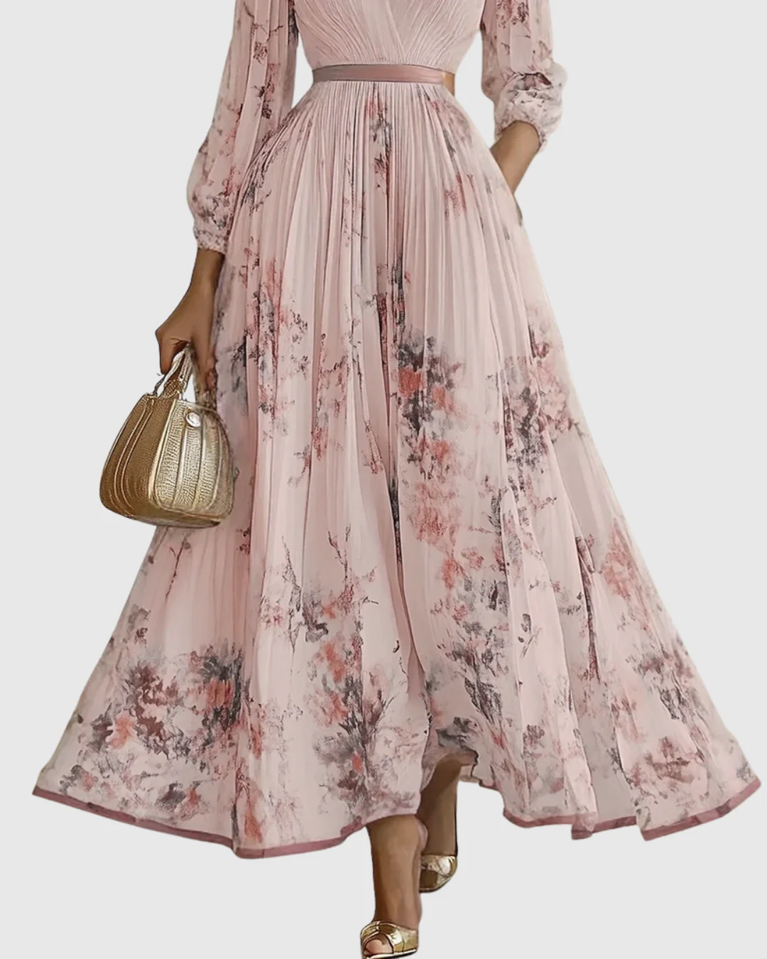 Abito Maxi Plissettato da Donna con Maniche Lunghe – Scollo a V Floreale a Linea A - Image 13