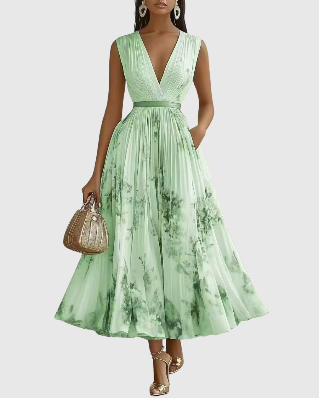 Abito Maxi Plissettato da Donna con Maniche Lunghe – Scollo a V Floreale a Linea A - Image 14