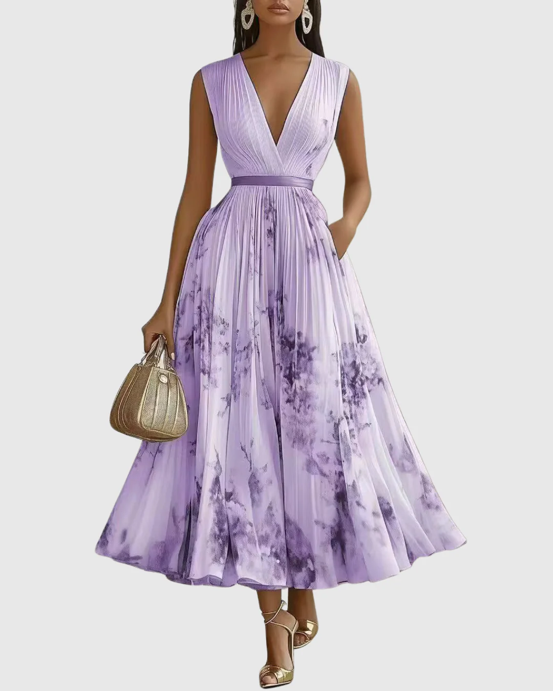Abito Maxi Plissettato da Donna con Maniche Lunghe – Scollo a V Floreale a Linea A - Image 15