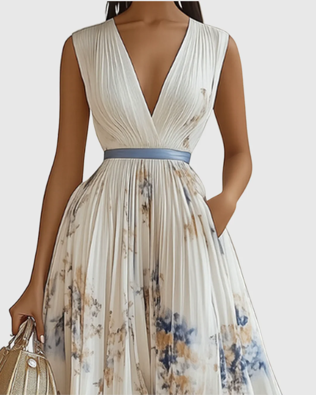 Abito Maxi Plissettato da Donna con Maniche Lunghe – Scollo a V Floreale a Linea A - Image 2