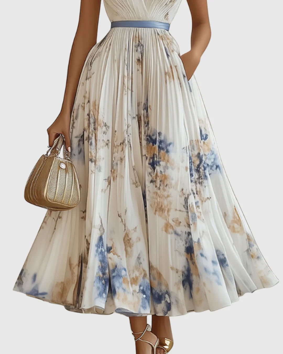 Abito Maxi Plissettato da Donna con Maniche Lunghe – Scollo a V Floreale a Linea A - Image 3