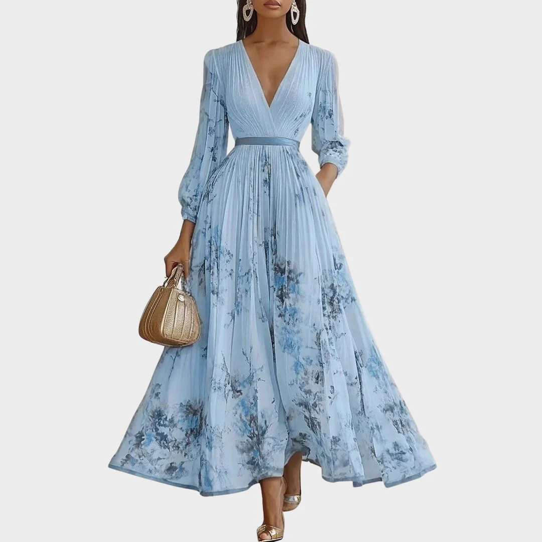 Abito Maxi Plissettato da Donna con Maniche Lunghe – Scollo a V Floreale a Linea A - Image 4