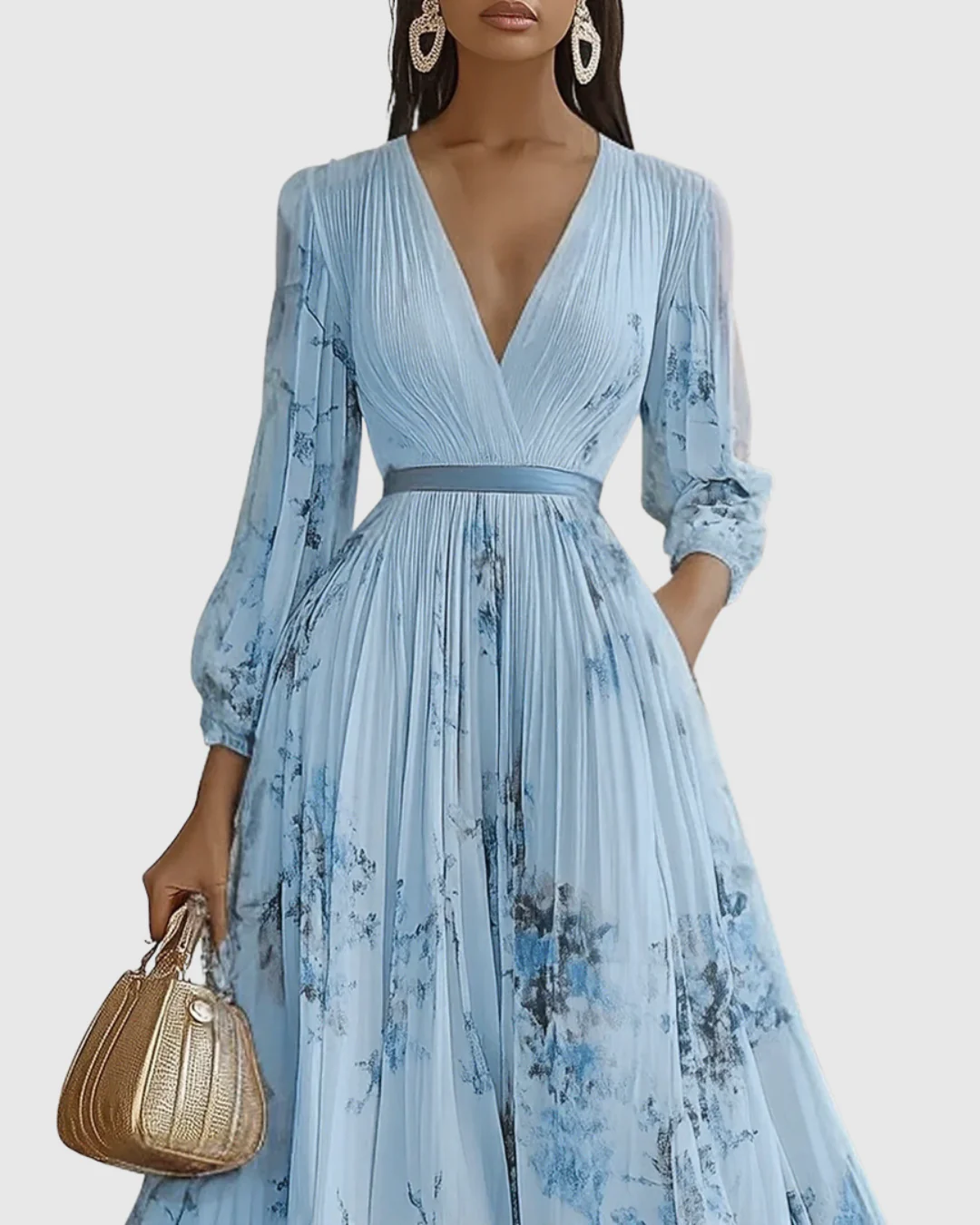 Abito Maxi Plissettato da Donna con Maniche Lunghe – Scollo a V Floreale a Linea A - Image 5
