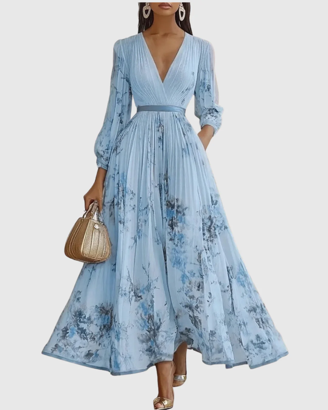 Abito Maxi Plissettato da Donna con Maniche Lunghe – Scollo a V Floreale a Linea A - Image 6