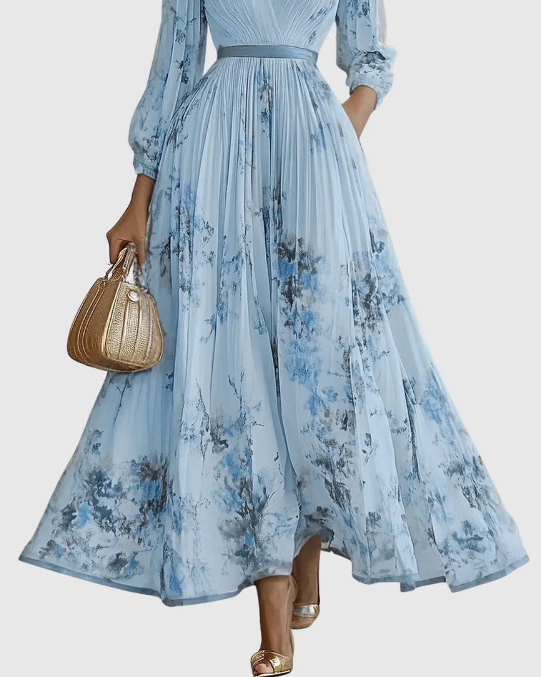 Abito Maxi Plissettato da Donna con Maniche Lunghe – Scollo a V Floreale a Linea A - Image 7
