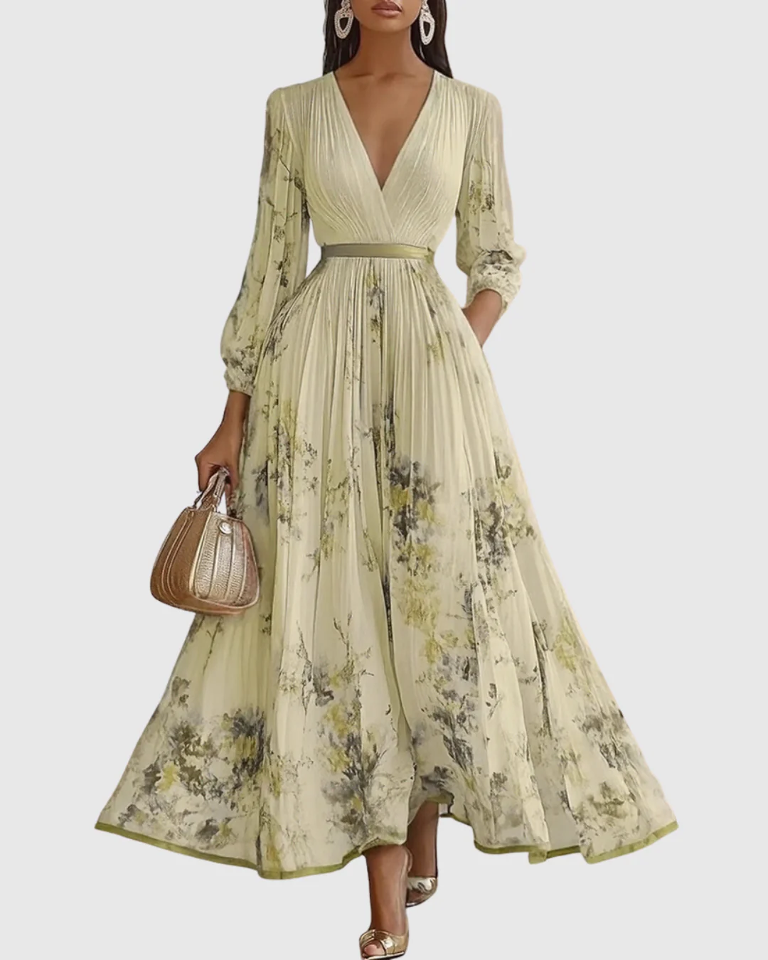 Abito Maxi Plissettato da Donna con Maniche Lunghe – Scollo a V Floreale a Linea A - Image 8