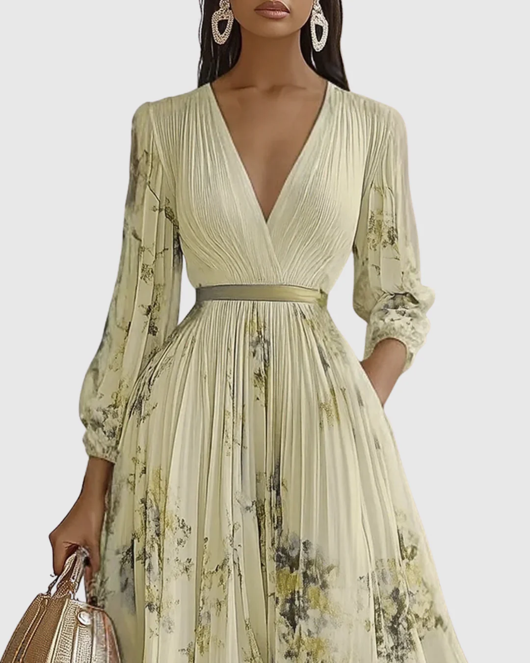 Abito Maxi Plissettato da Donna con Maniche Lunghe – Scollo a V Floreale a Linea A - Image 9