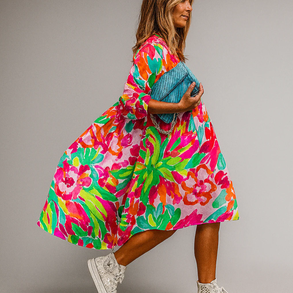 Abito Midi a Camicia Oversize con Stampa Floreale