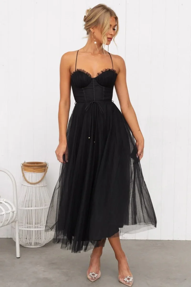 Abito Midi da Invitata a Nozze in Tulle con Corsetto e Spalline Sottili - Image 2