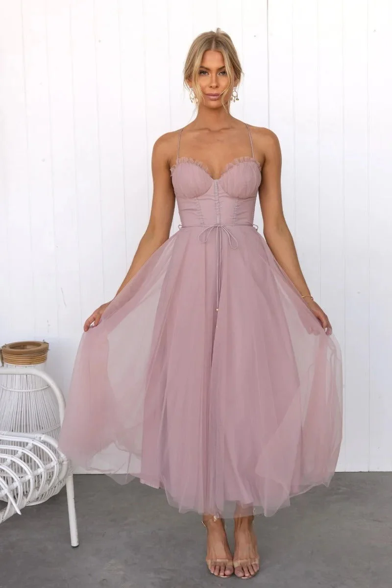 Abito Midi da Invitata a Nozze in Tulle con Corsetto e Spalline Sottili - Image 3