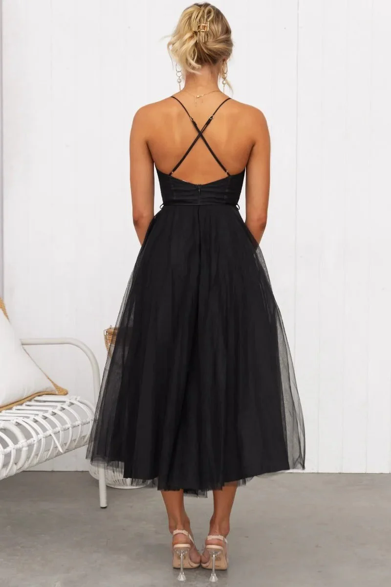 Abito Midi da Invitata a Nozze in Tulle con Corsetto e Spalline Sottili - Image 4