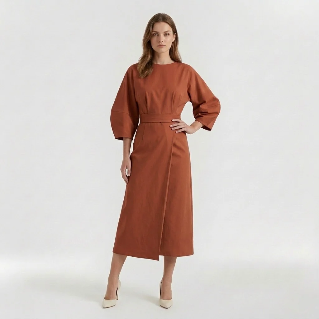 Abito Midi Elegante da Donna a Maniche Lunghe – Vestito Casual Chic con Cintura - Image 4