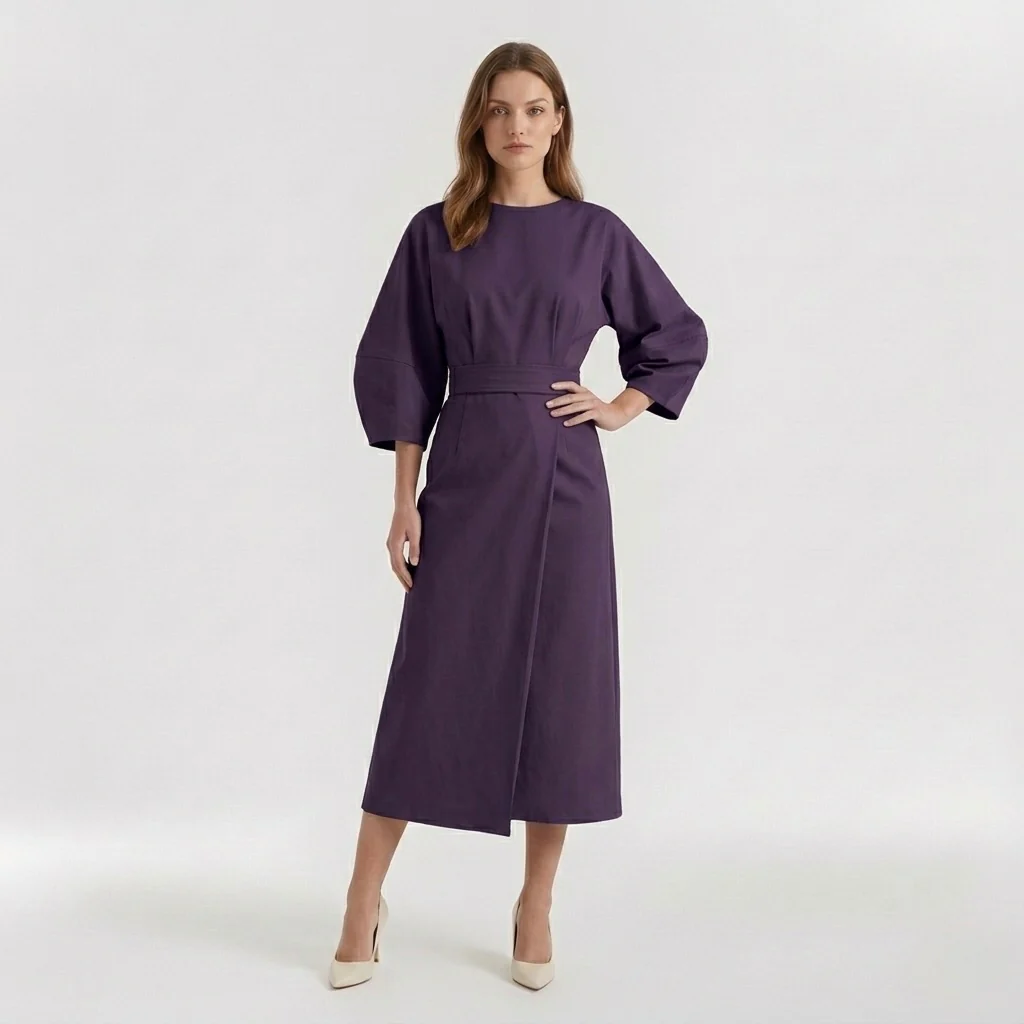 Abito Midi Elegante da Donna a Maniche Lunghe – Vestito Casual Chic con Cintura - Image 5
