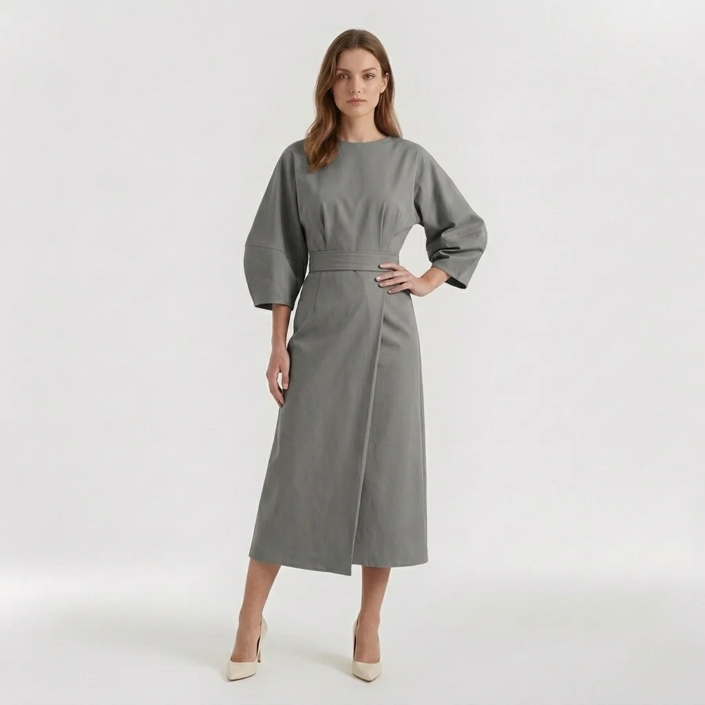 Abito Midi Elegante da Donna a Maniche Lunghe – Vestito Casual Chic con Cintura - Image 8