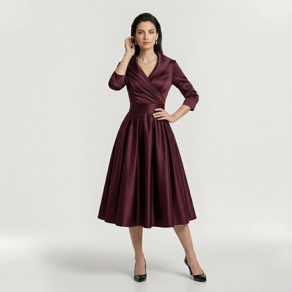 Abito Midi Elegante da Donna con Maniche Lunghe – Vestito Classico Svasato con Cintura - Image 3