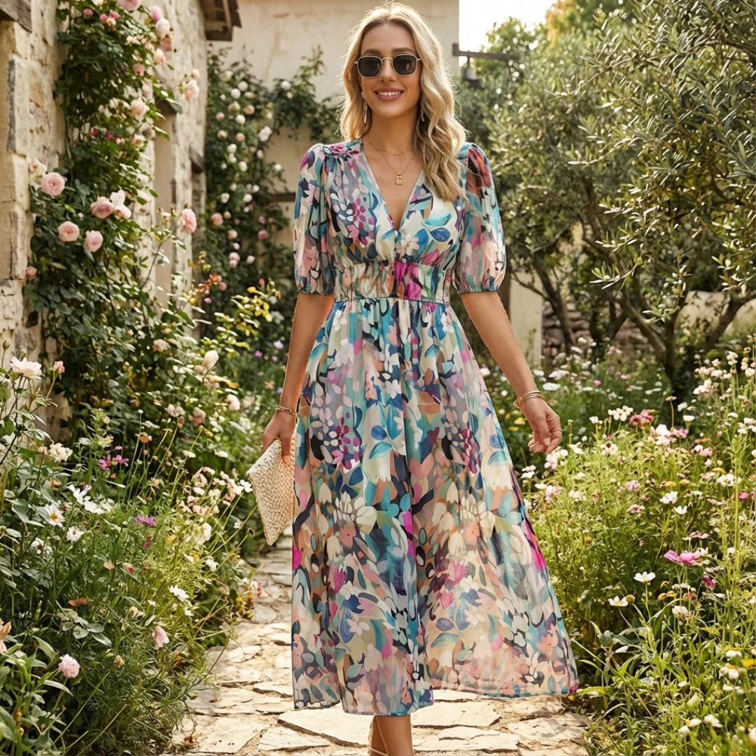 Abito Midi Stampato da Donna con Scollo a V, Maniche a 3/4 e Vita Arricciata - Image 2