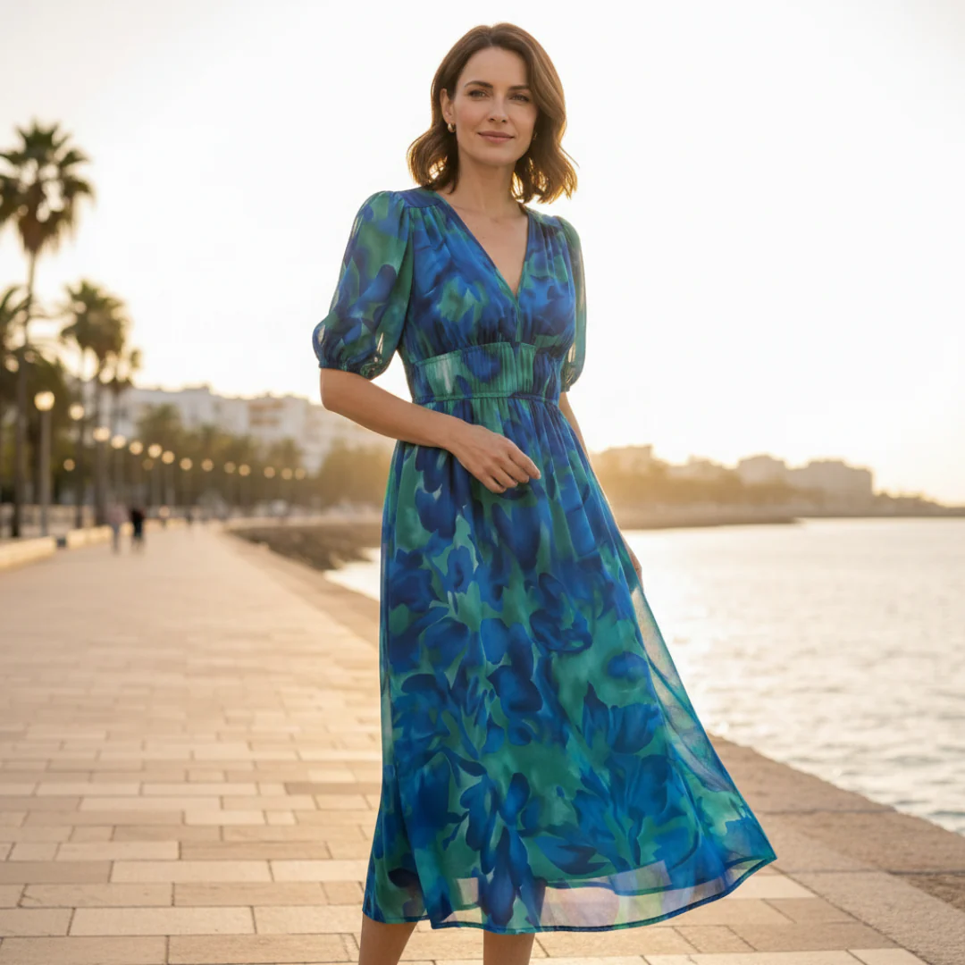 Abito Midi Stampato da Donna con Scollo a V, Maniche a 3/4 e Vita Arricciata - Image 5