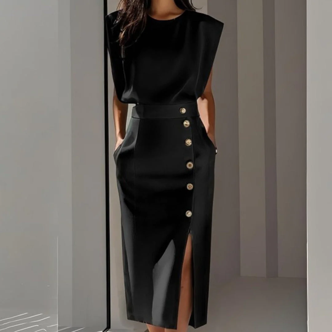 Andrea | Vestito Midi Aderente con Bottoni Donna Senza Maniche - Image 2