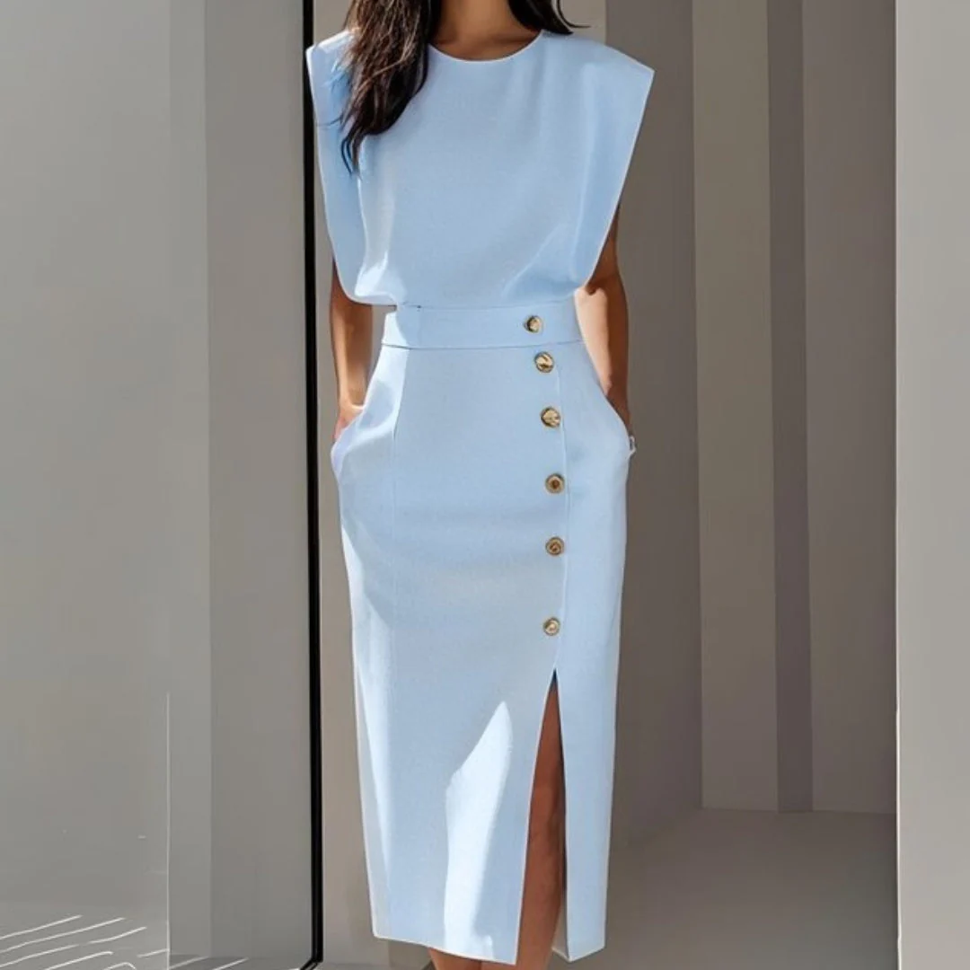 Andrea | Vestito Midi Aderente con Bottoni Donna Senza Maniche - Image 3