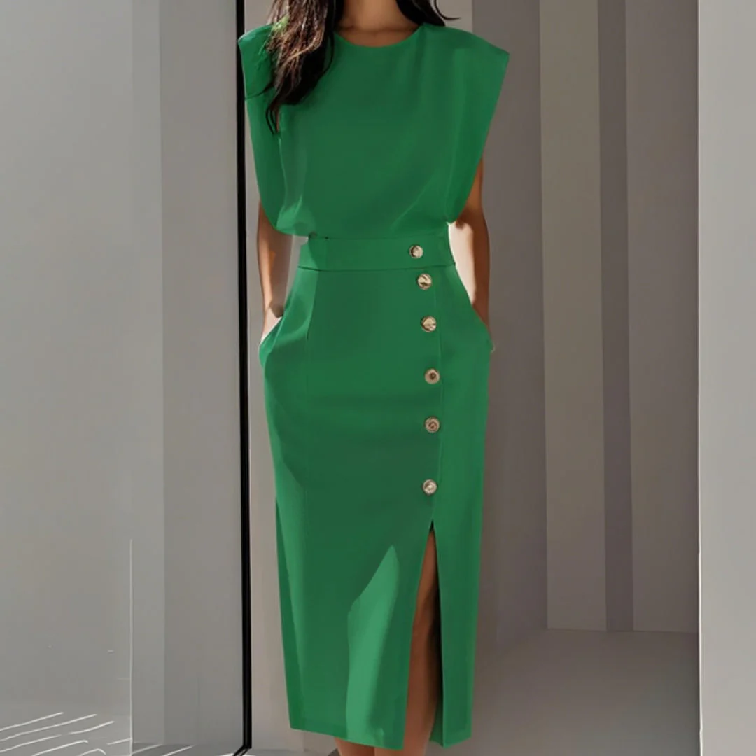 Andrea | Vestito Midi Aderente con Bottoni Donna Senza Maniche - Image 4