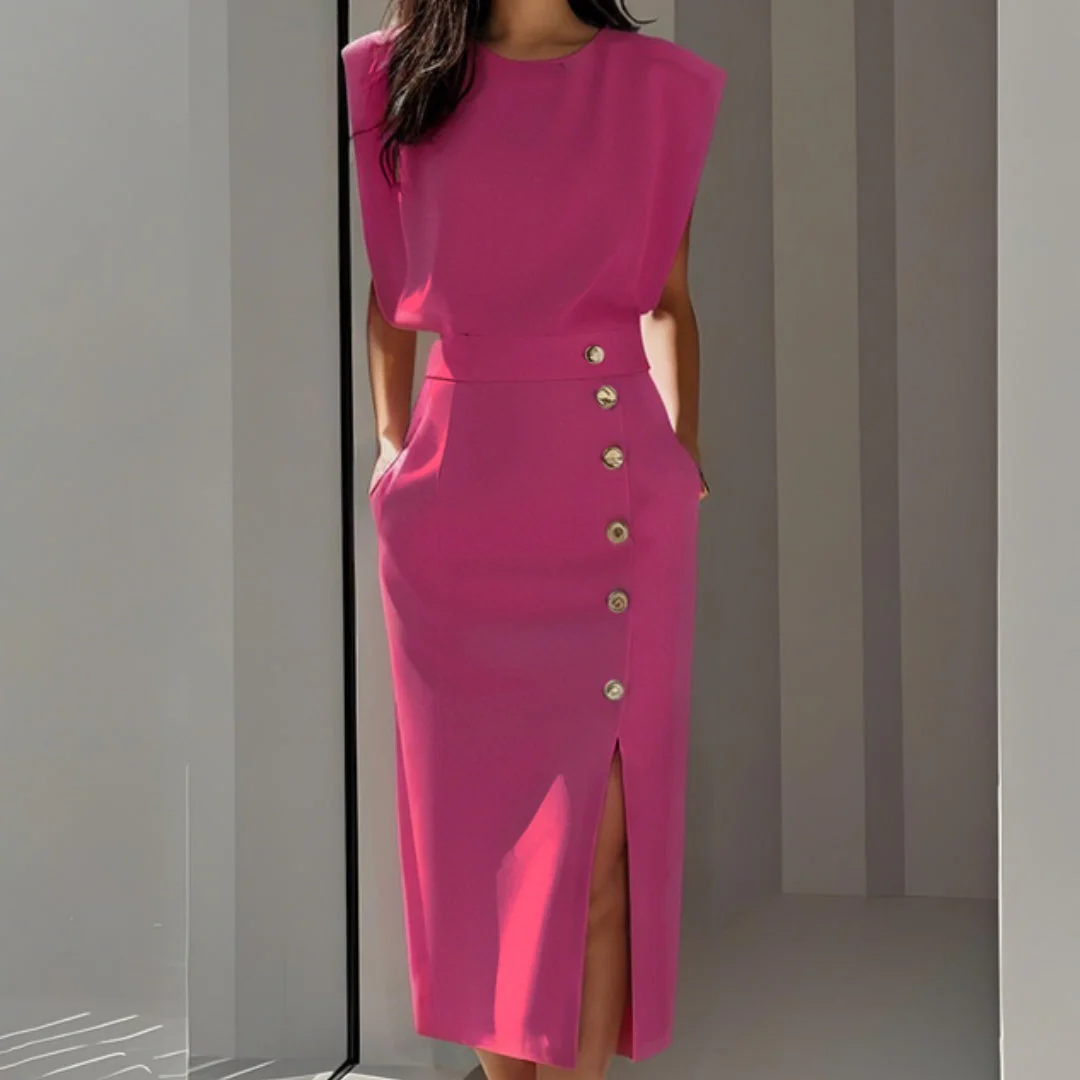 Andrea | Vestito Midi Aderente con Bottoni Donna Senza Maniche - Image 6