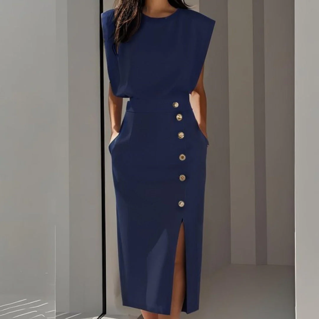 Andrea | Vestito Midi Aderente con Bottoni Donna Senza Maniche - Image 7
