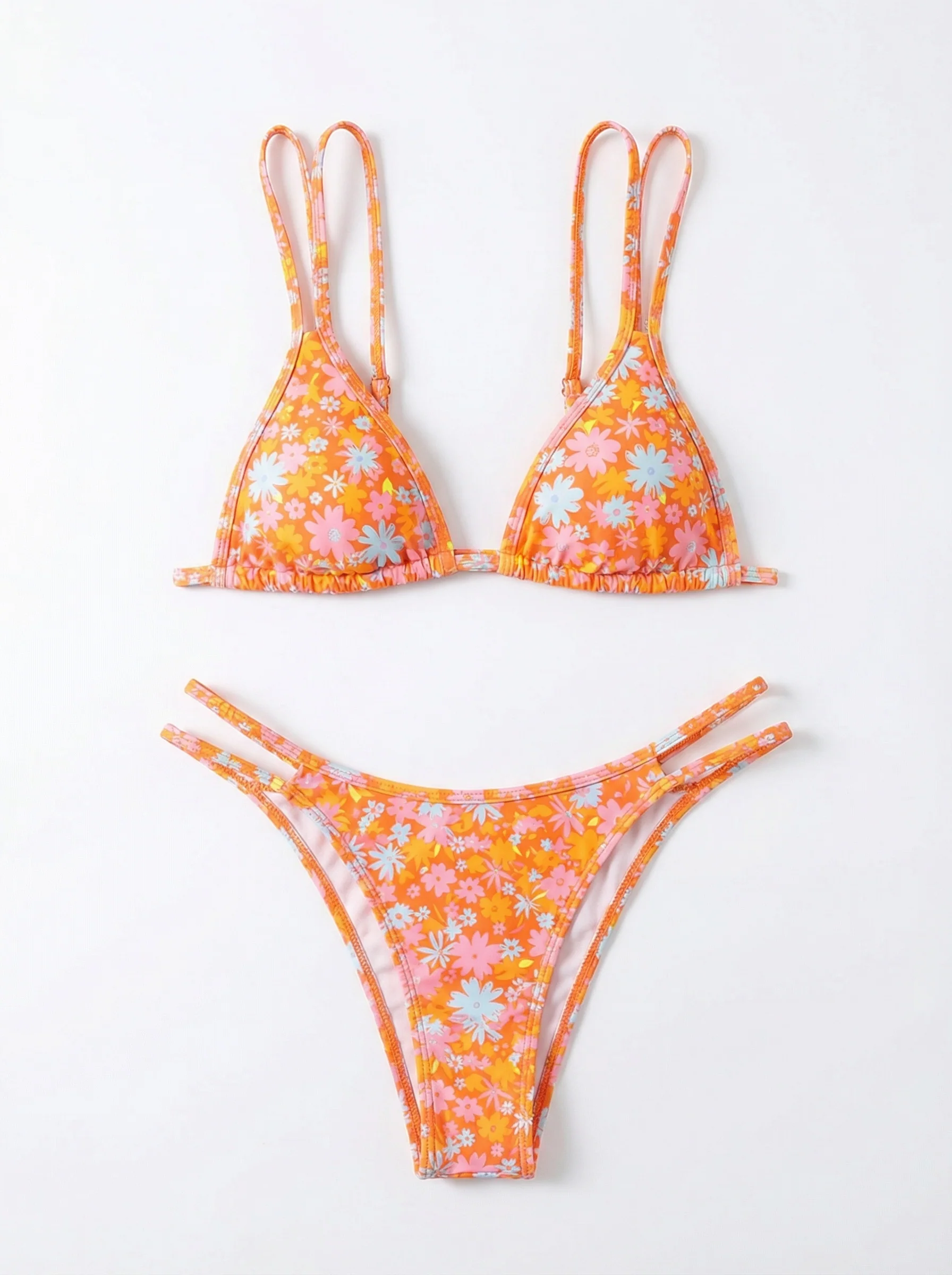 Bikini da donna arancione con stampa floreale e spalline doppie