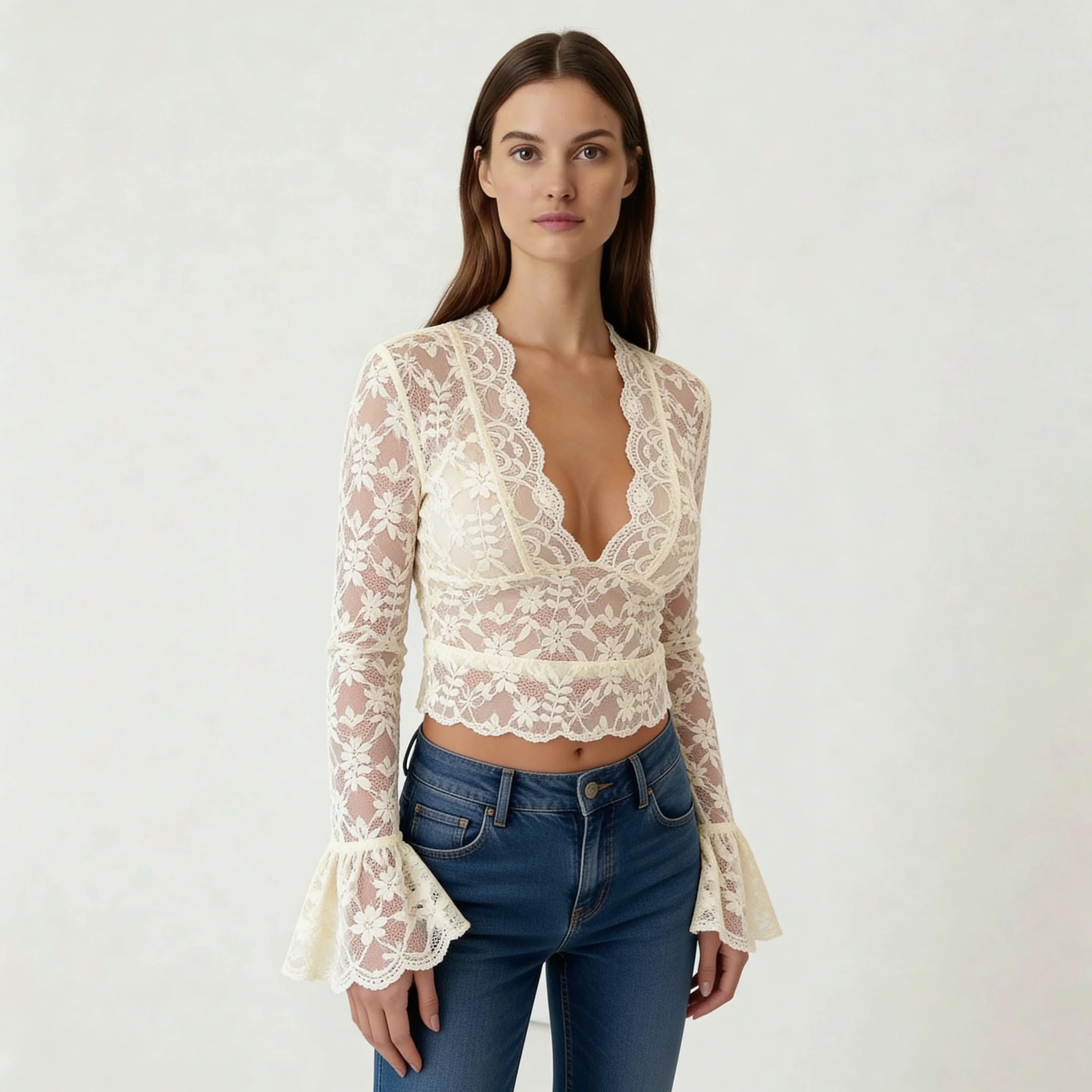 Blusa Donna in Pizzo Scollo a V Maniche Lunghe Top Elegante Slim Fit Casual