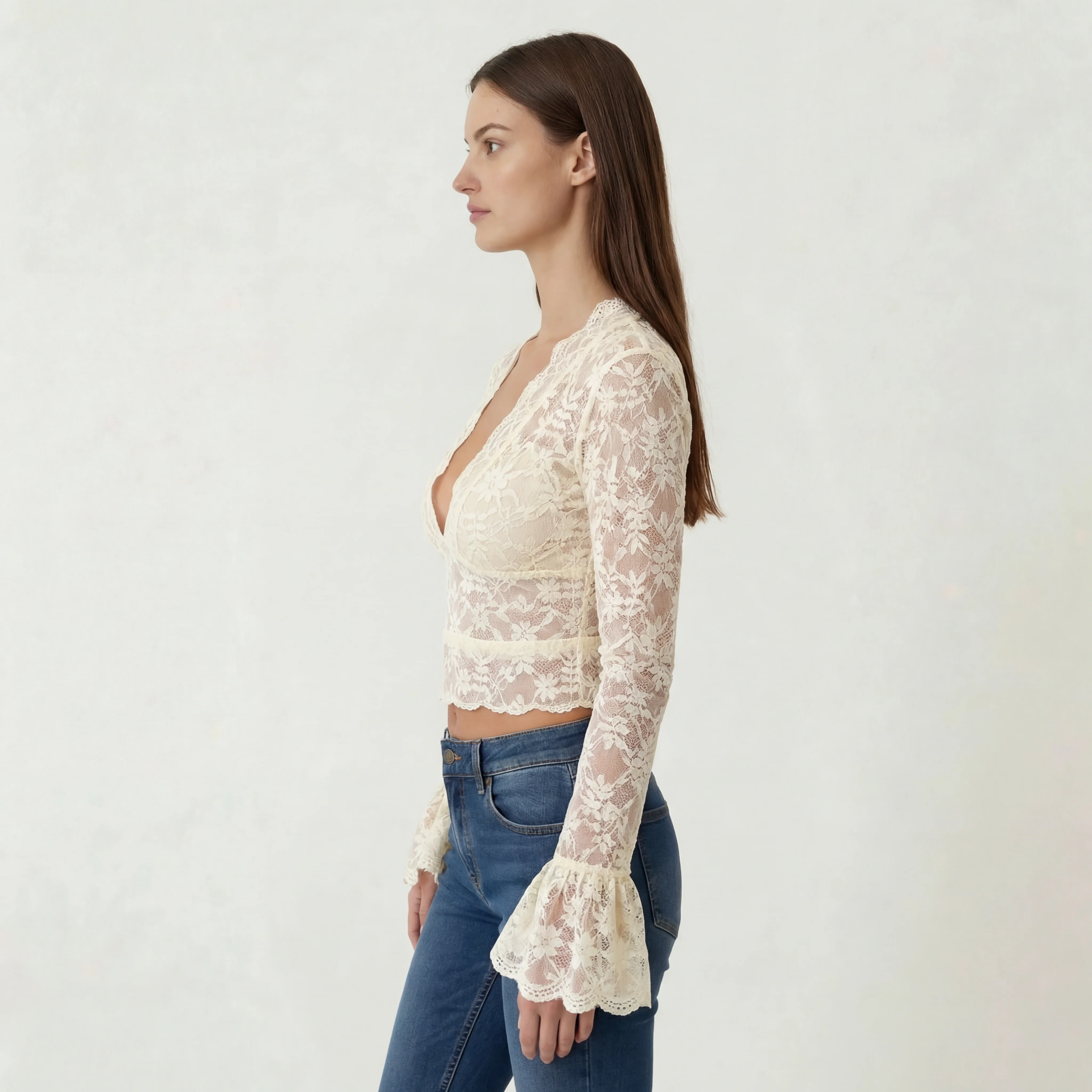 Blusa Donna in Pizzo Scollo a V Maniche Lunghe Top Elegante Slim Fit Casual - Image 2