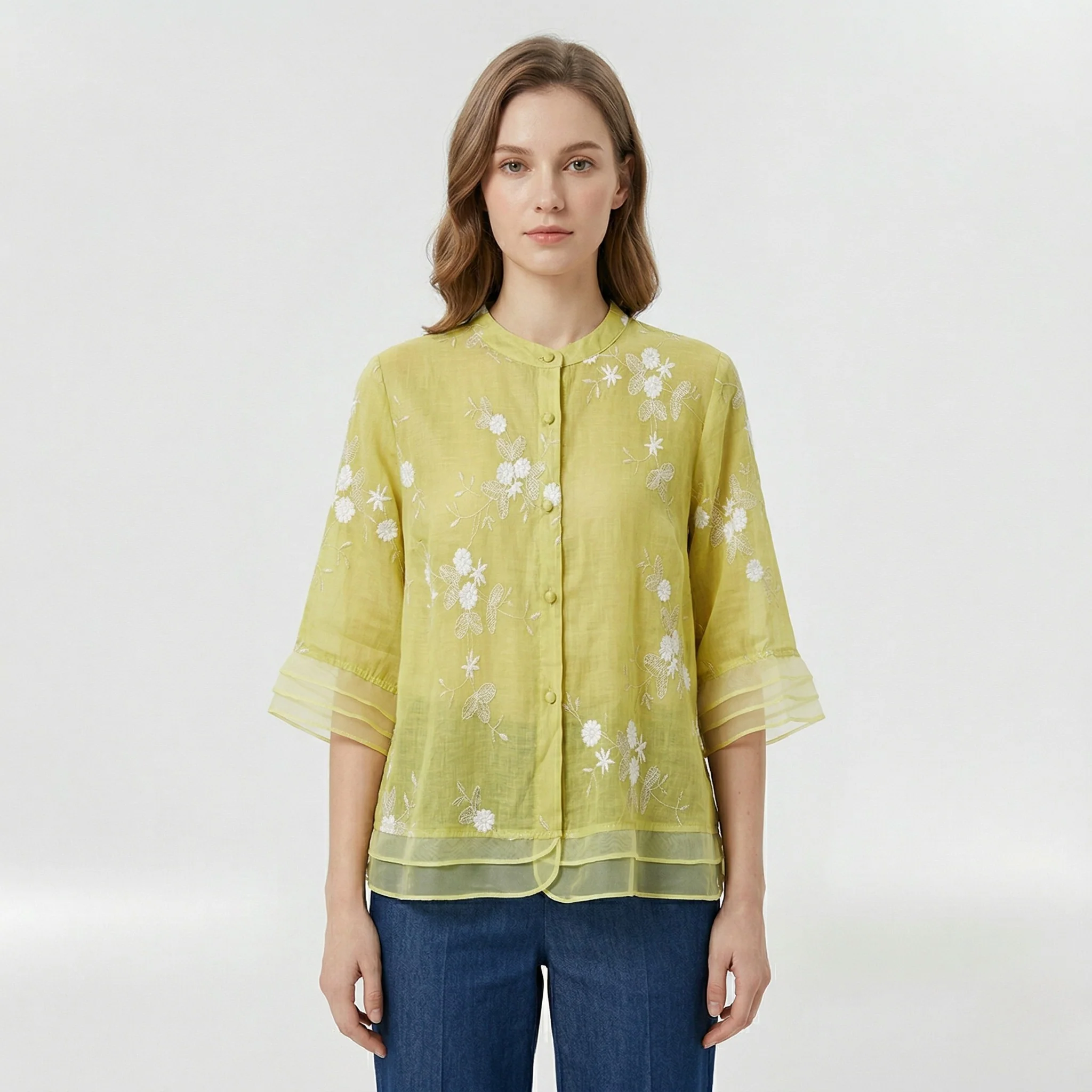 Blusa donna morbida con ricami floreali e colletto coreano casual