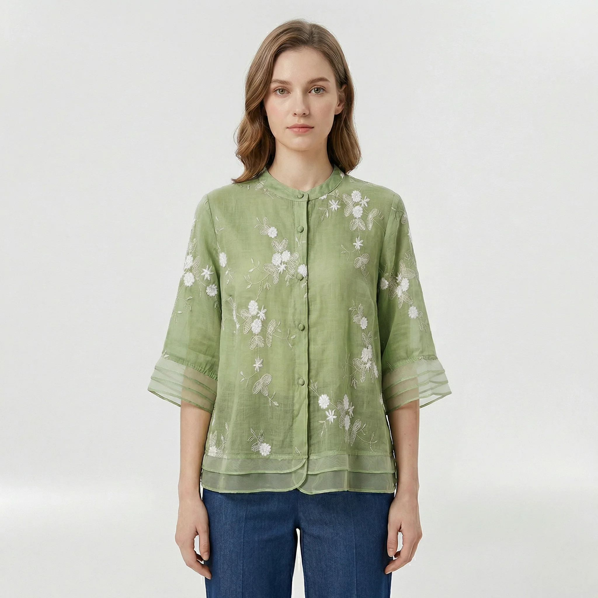 Blusa donna morbida con ricami floreali e colletto coreano casual - Image 2