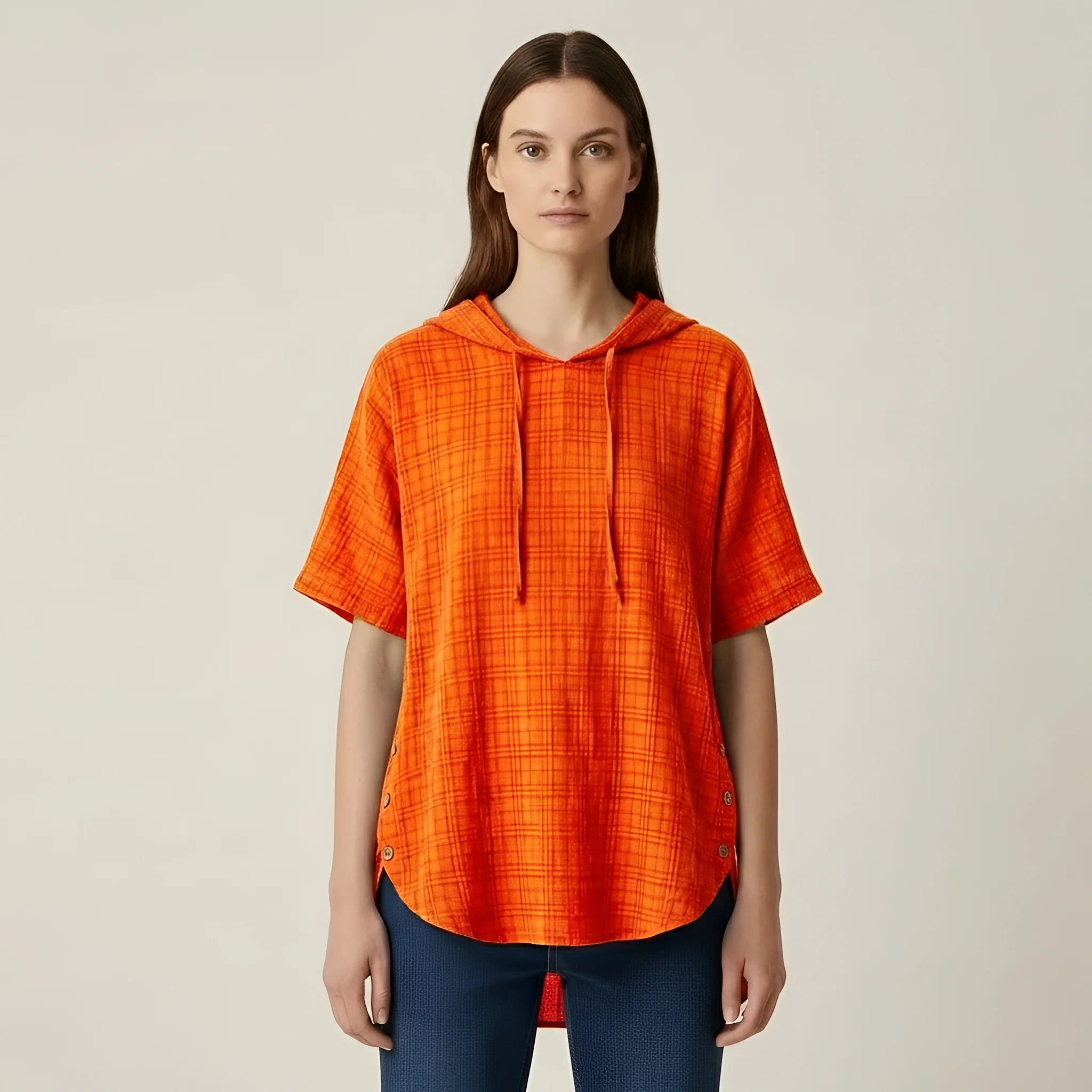 Blusa Donna Oversize in Cotone Maniche Corte Tunica Casual Larga con Bottoni