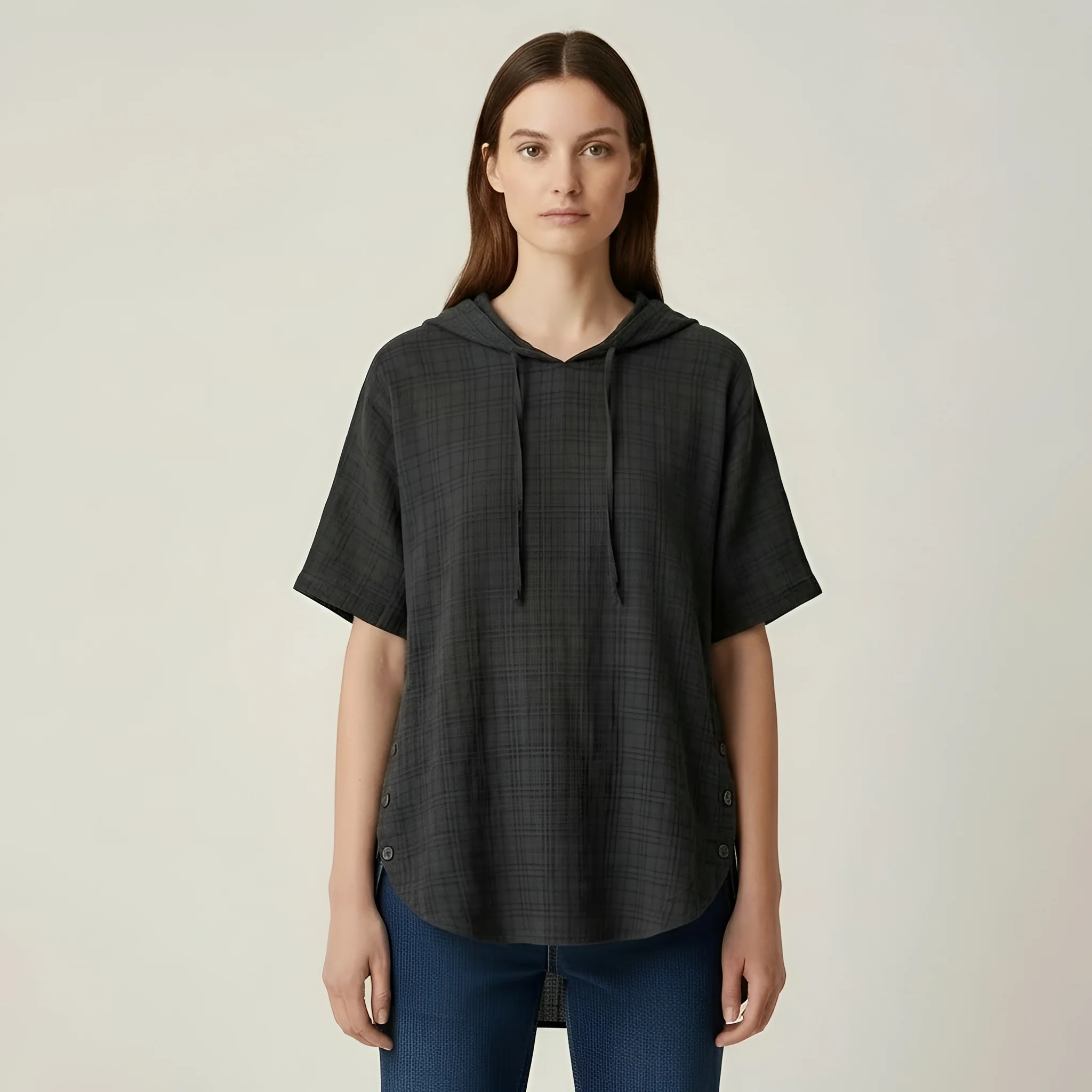 Blusa Donna Oversize in Cotone Maniche Corte Tunica Casual Larga con Bottoni - Image 4