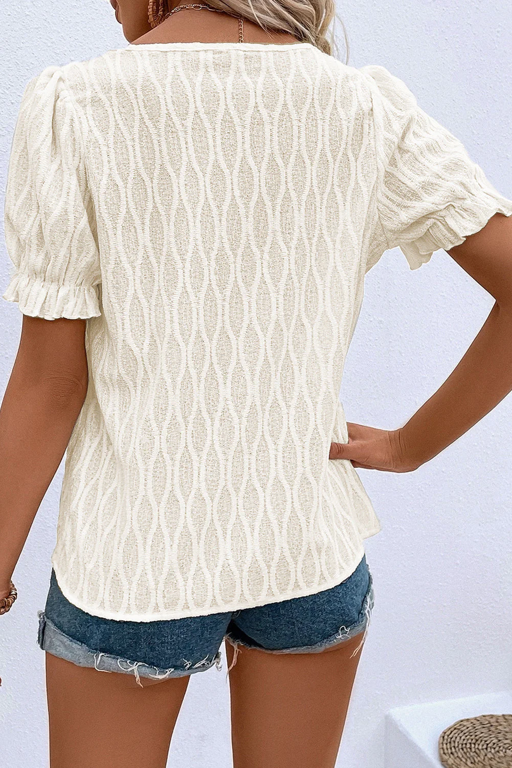 Blusa Testurizzata a Tinta Unita con Scollo a V e Maniche a Sbuffo - Image 5