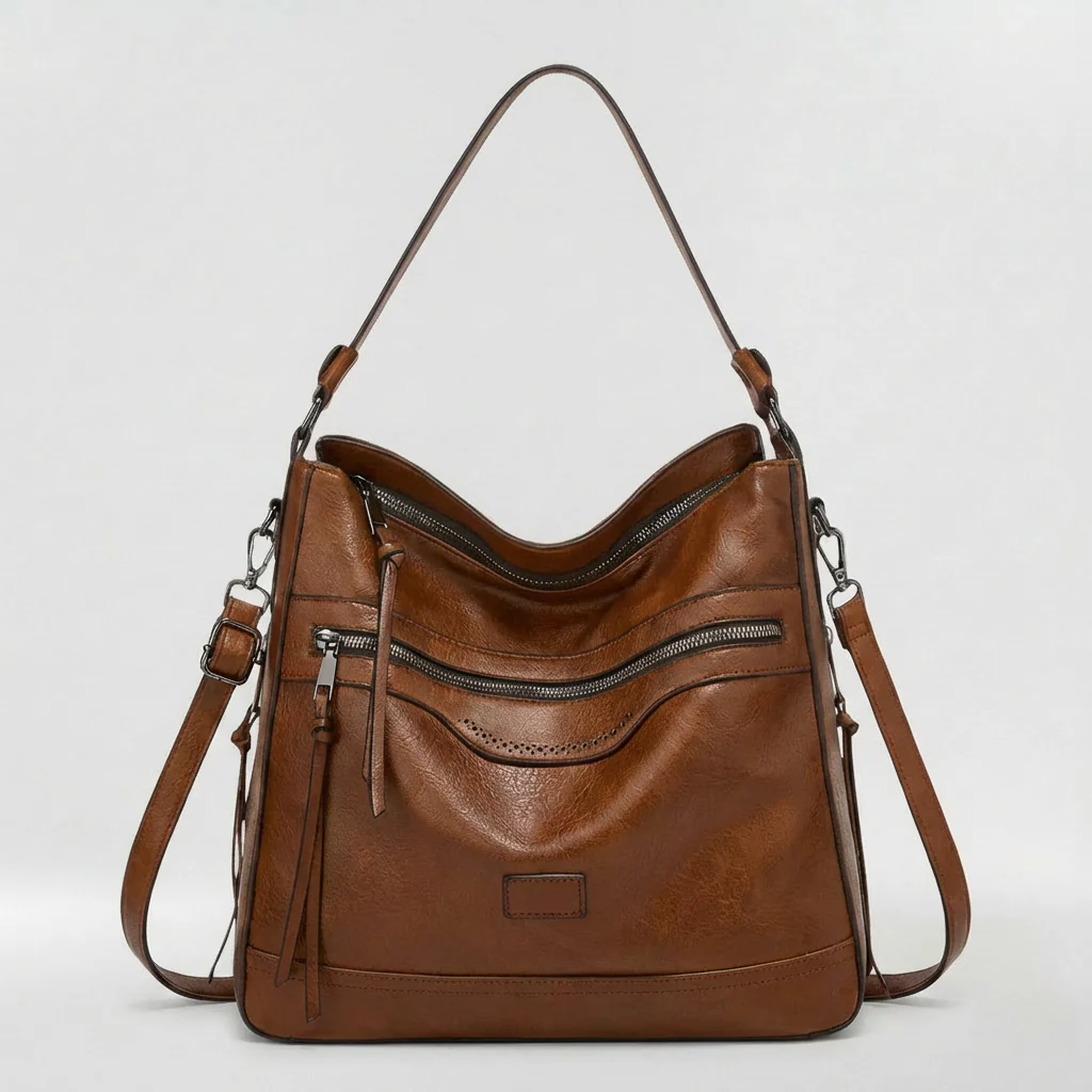 Borsa a spalla morbida da donna con zip e tasche frontali - Image 3