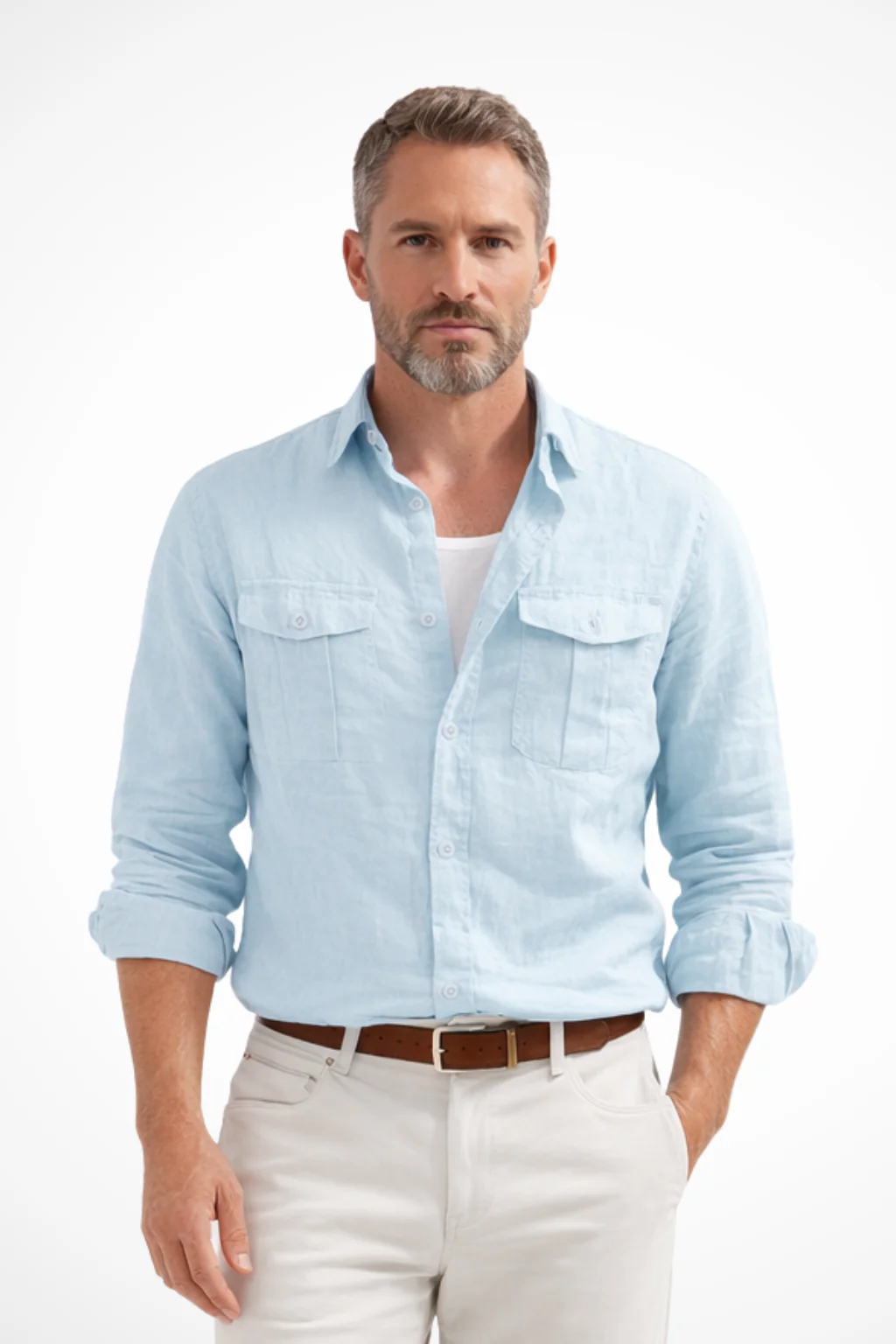 Camicia da uomo in lino – Celeste con doppie tasche sul petto - Image 3