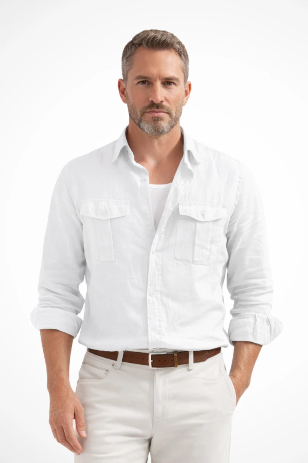 Camicia da uomo in lino – Celeste con doppie tasche sul petto - Image 4