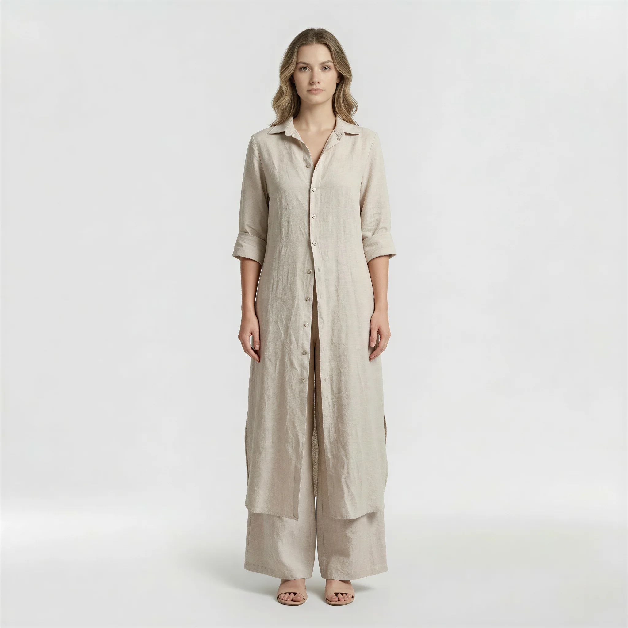 Completo Donna 2 Pezzi Camicia Lunga e Pantaloni in Cotone Set Casual Elegante