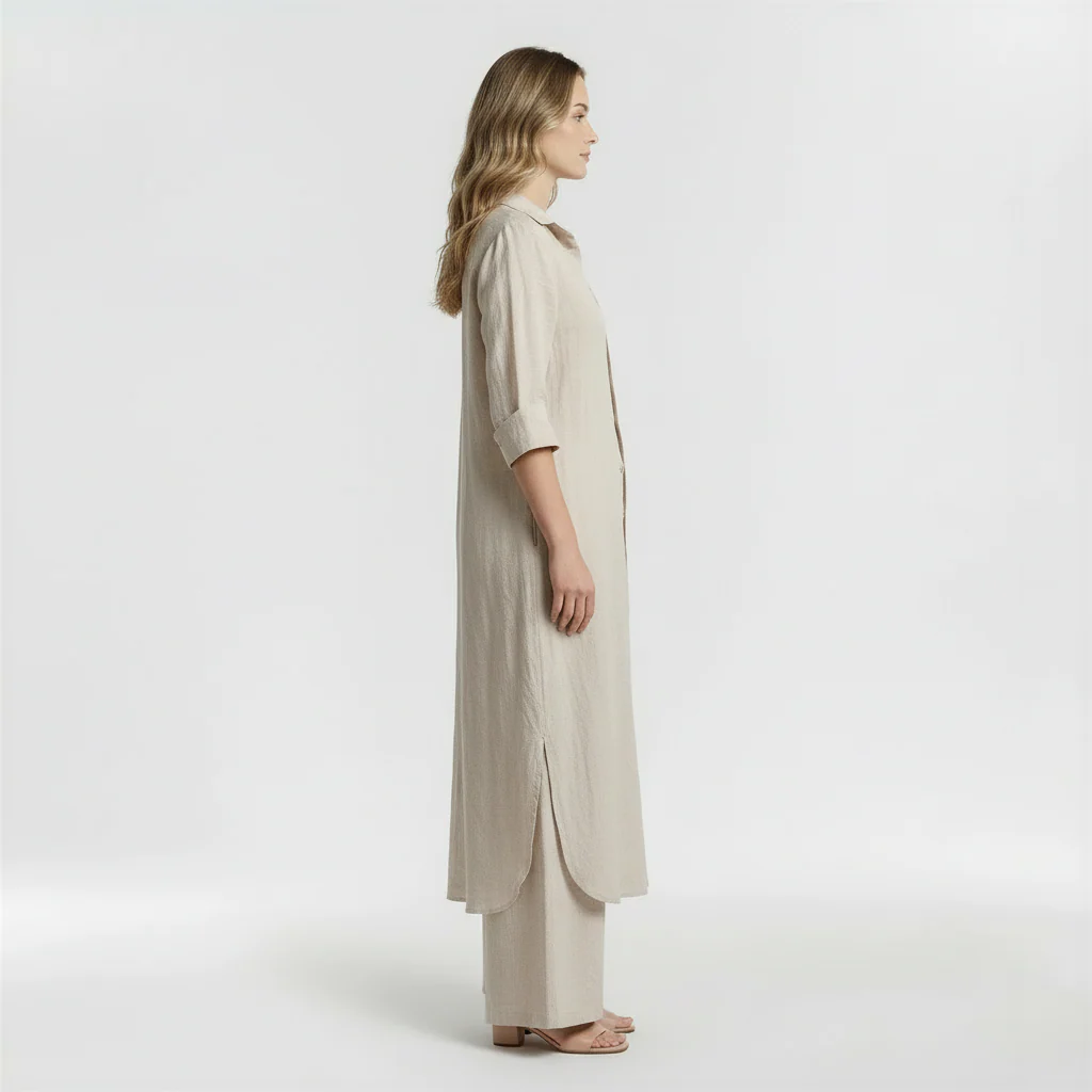 Completo Donna 2 Pezzi Camicia Lunga e Pantaloni in Cotone Set Casual Elegante - Image 2