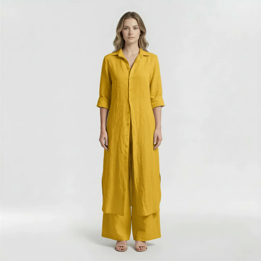 Completo Donna 2 Pezzi Camicia Lunga e Pantaloni in Cotone Set Casual Elegante - Image 5