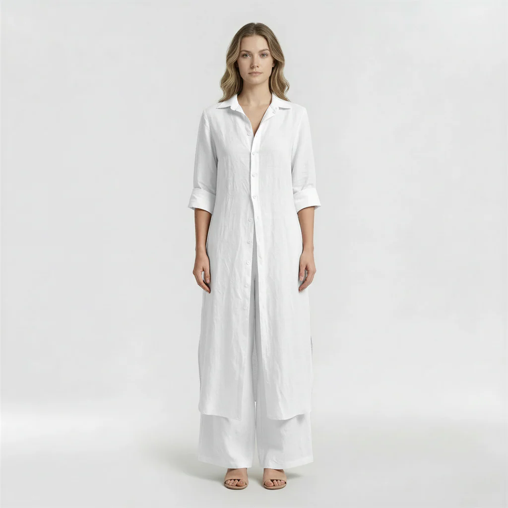 Completo Donna 2 Pezzi Camicia Lunga e Pantaloni in Cotone Set Casual Elegante - Image 8