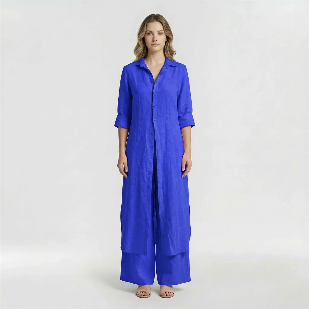 Completo Donna 2 Pezzi Camicia Lunga e Pantaloni in Cotone Set Casual Elegante - Image 9