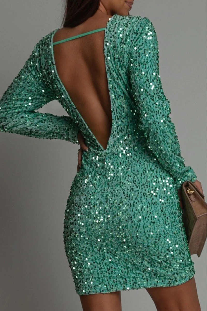 Elegante miniabito da donna con paillettes, maniche lunghe e schiena scoperta | Heidi-Mode - Image 7