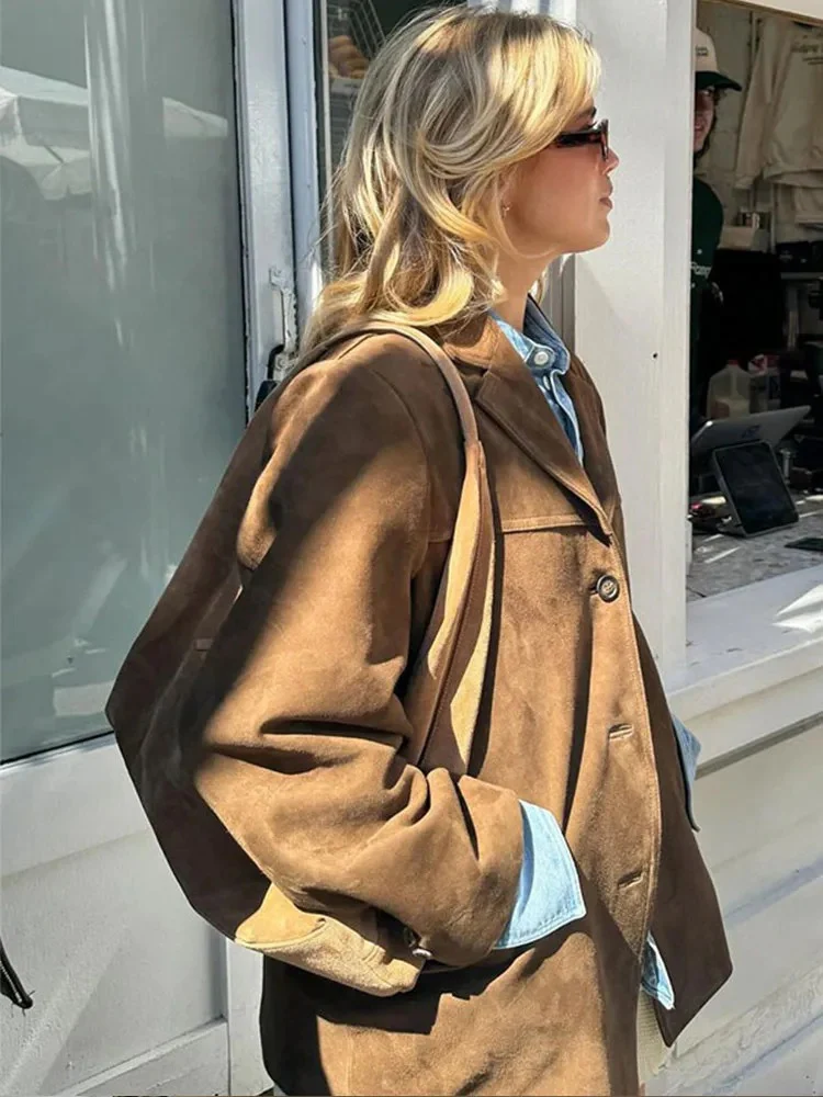 Giacca Blazer Oversize Elegante in Pelle Scamosciata Marrone - Image 3